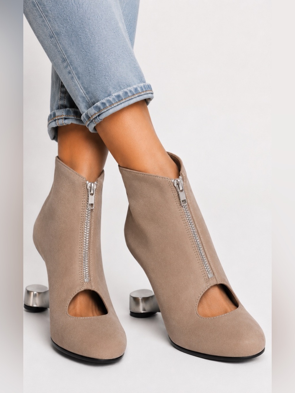 UNITED NUDE Eamz Para Bootie Stone Taupe Zip Peep Ankle Boot Architectural Heel